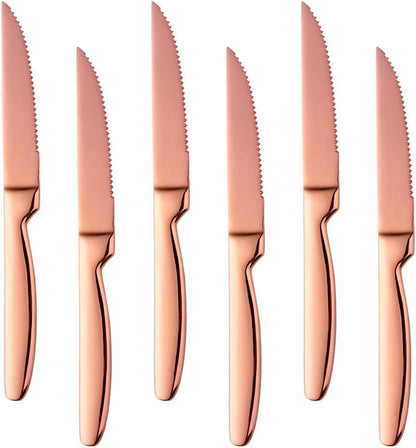 Stainless Steel Serrated Steak Knife Set of 6, Rose Gold Color Heavy Duty Dinner Table Knives for Cutting Meat, Beef, 8.6 Inch, Dishwasher Safe