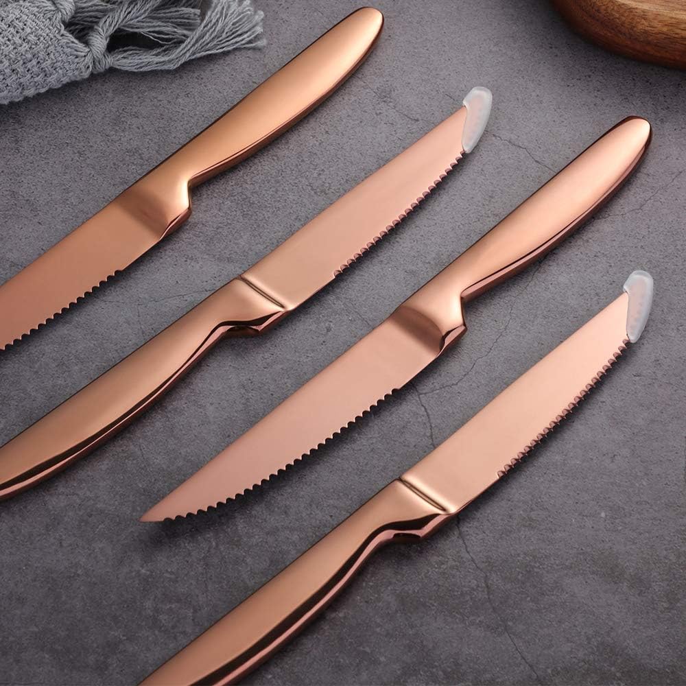 Stainless Steel Serrated Steak Knife Set of 6, Rose Gold Color Heavy Duty Dinner Table Knives for Cutting Meat, Beef, 8.6 Inch, Dishwasher Safe