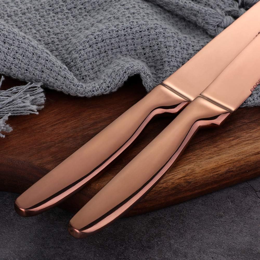 Stainless Steel Serrated Steak Knife Set of 6, Rose Gold Color Heavy Duty Dinner Table Knives for Cutting Meat, Beef, 8.6 Inch, Dishwasher Safe