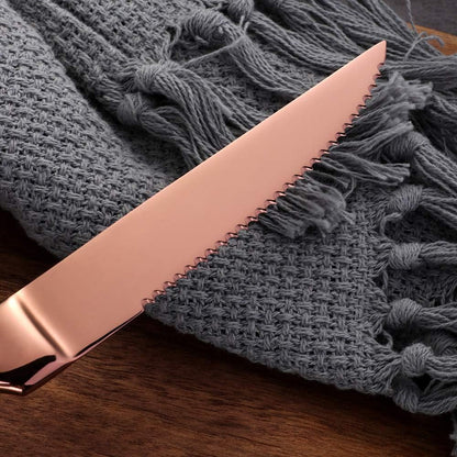 Stainless Steel Serrated Steak Knife Set of 6, Rose Gold Color Heavy Duty Dinner Table Knives for Cutting Meat, Beef, 8.6 Inch, Dishwasher Safe