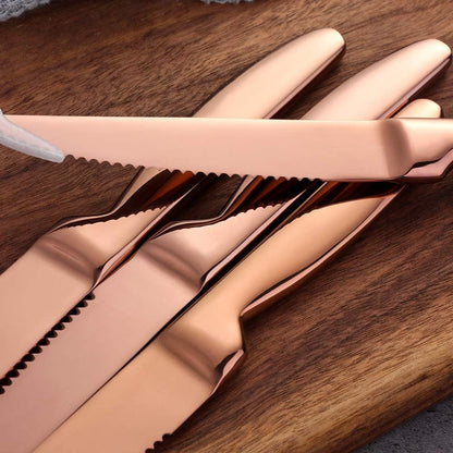 Stainless Steel Serrated Steak Knife Set of 6, Rose Gold Color Heavy Duty Dinner Table Knives for Cutting Meat, Beef, 8.6 Inch, Dishwasher Safe