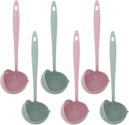 6pcs Long Handle Plastic Soup Ladle and Pasta Strainer Set, Wheat Straw Fiber Slotted Spoons for Hot Pot Cooking, Dual-color Pink and Light Green Cooking Serving Utensils