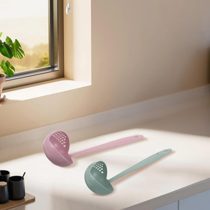 6pcs Long Handle Plastic Soup Ladle and Pasta Strainer Set, Wheat Straw Fiber Slotted Spoons for Hot Pot Cooking, Dual-color Pink and Light Green Cooking Serving Utensils