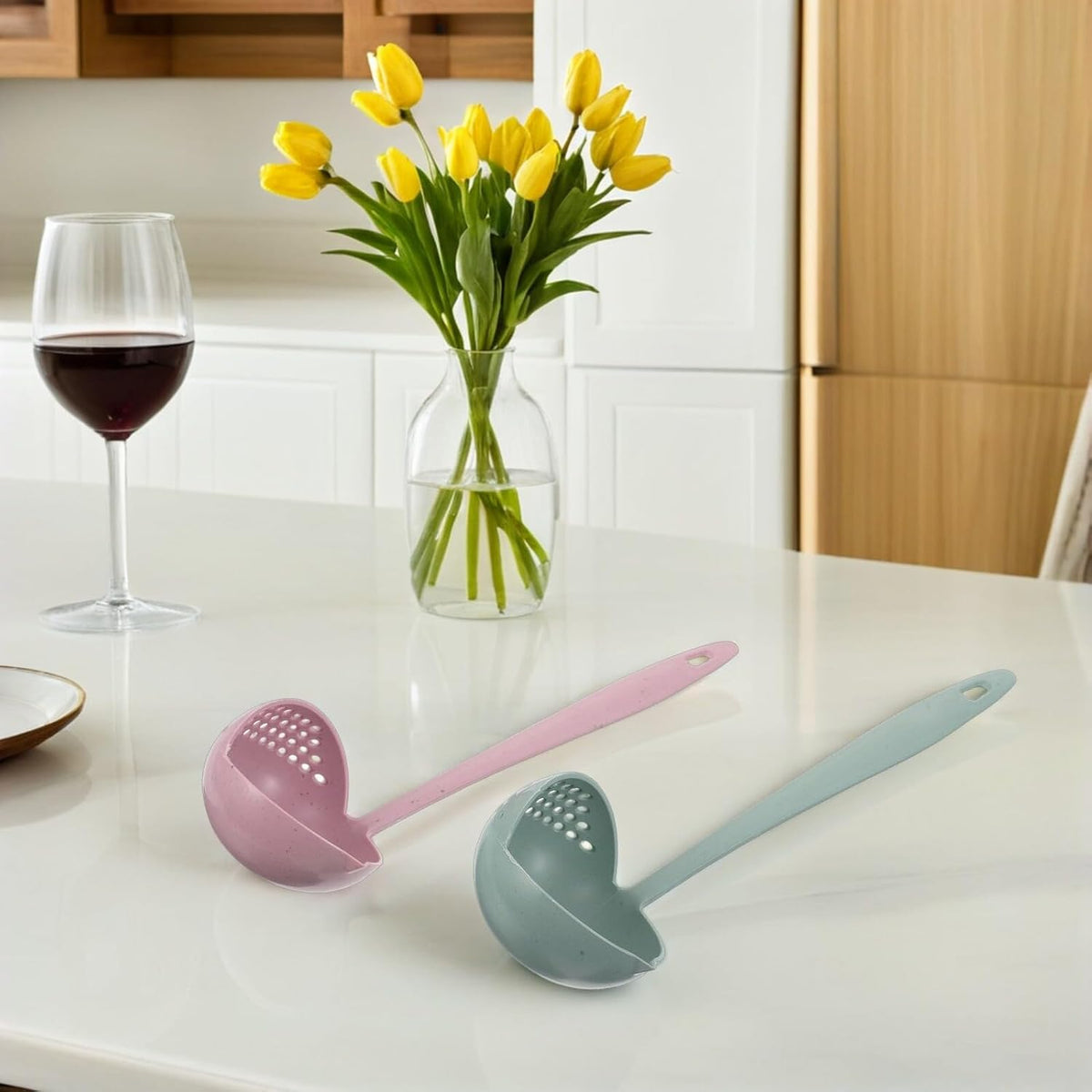6pcs Long Handle Plastic Soup Ladle and Pasta Strainer Set, Wheat Straw Fiber Slotted Spoons for Hot Pot Cooking, Dual-color Pink and Light Green Cooking Serving Utensils