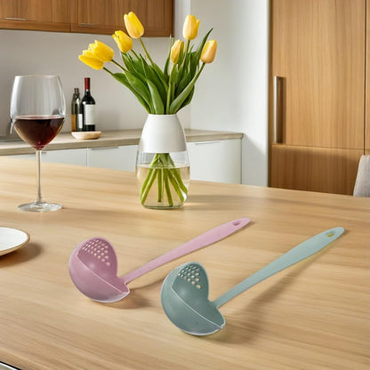 6pcs Long Handle Plastic Soup Ladle and Pasta Strainer Set, Wheat Straw Fiber Slotted Spoons for Hot Pot Cooking, Dual-color Pink and Light Green Cooking Serving Utensils