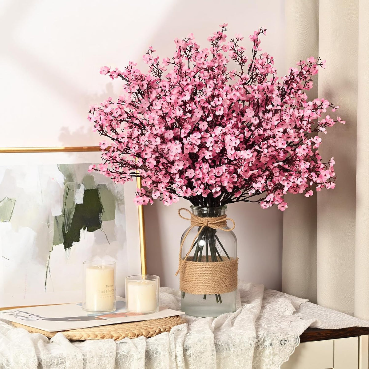 15Pcs Fake Flowers Babys Breath Silk, Real Touch Pink Artificial Flowers Bulk with Bendable Stems, Pink Faux Flowers Babys Breath for Valentine's Day Spring Wedding Party Decor