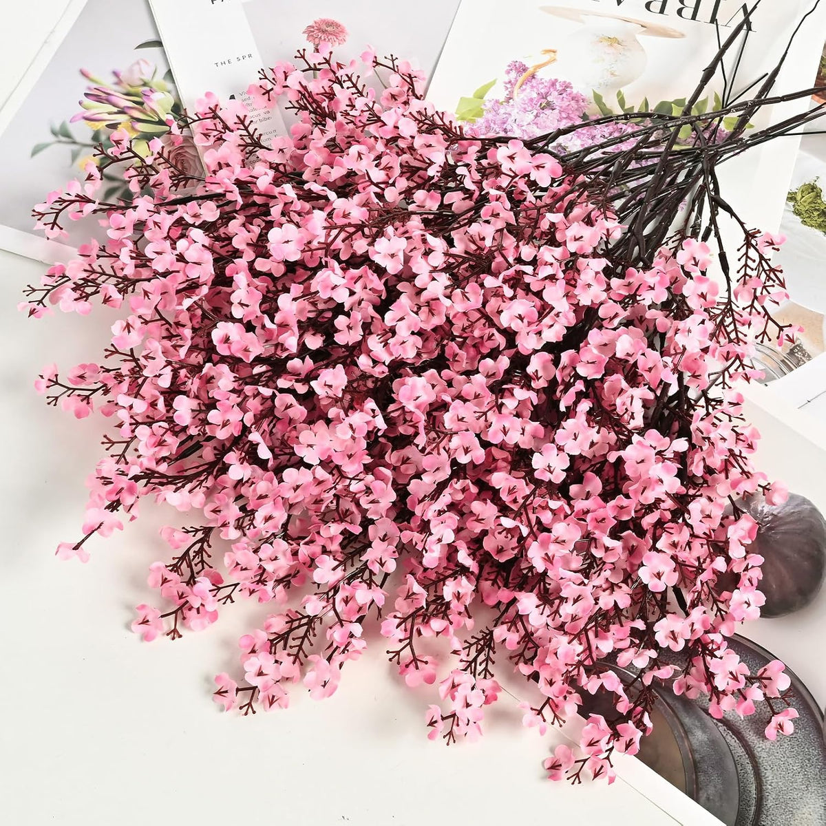 15Pcs Fake Flowers Babys Breath Silk, Real Touch Pink Artificial Flowers Bulk with Bendable Stems, Pink Faux Flowers Babys Breath for Valentine's Day Spring Wedding Party Decor