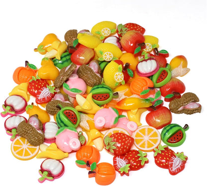 72PCS Simulated Fruit Flatback Resin Charms Cute Fruit Slime Charms Strawberry Lemon Resin Embellishments Tomato Peach Banana Resin Cabochons Beads Crafts Jewelry Making Decoration Accessories