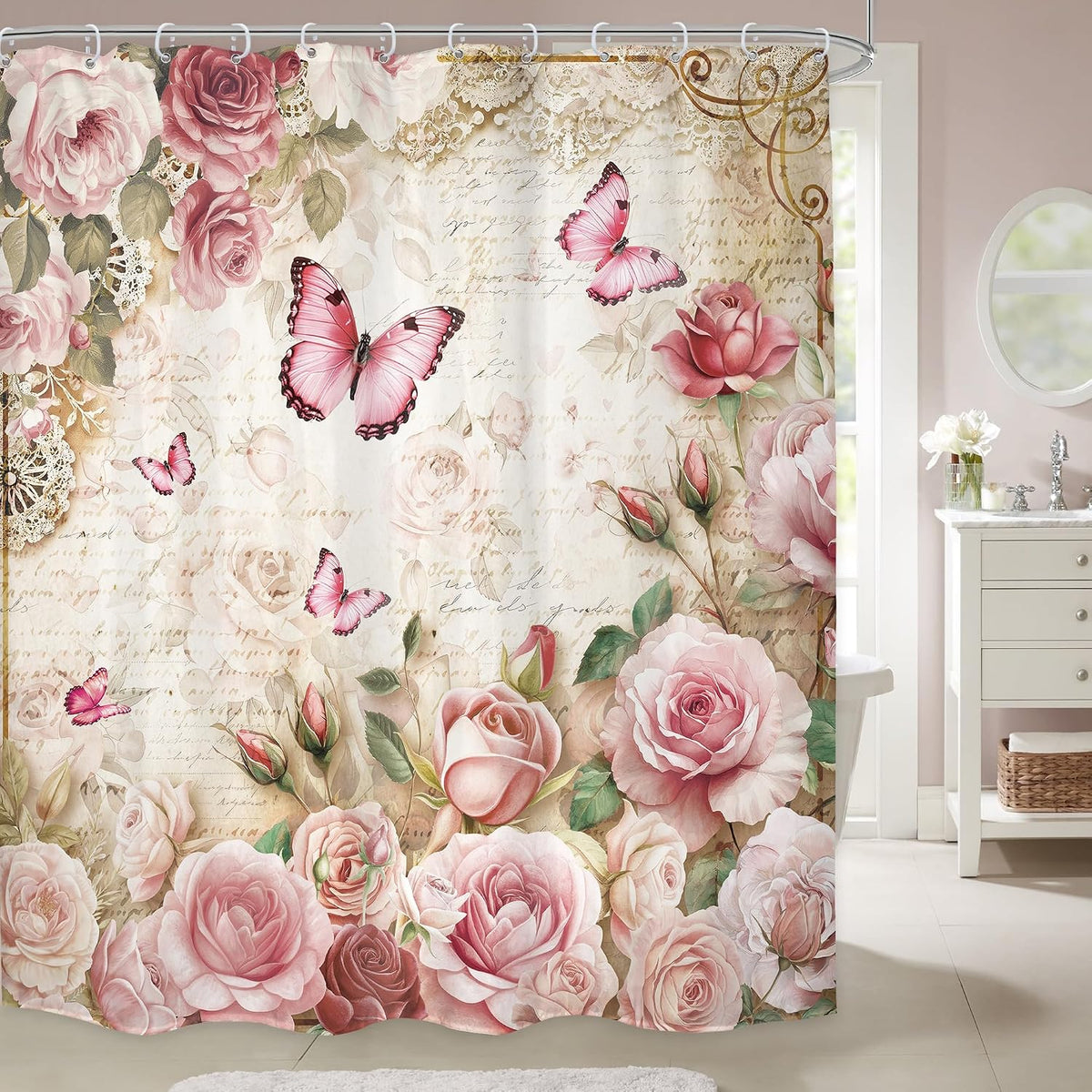 Rustic Pink Rose Butterfly Shower Curtain Bathroom Set 60Wx71H Inches Floral Peony Green Leaves Plant Text Background Bath Accessories Botanical Botany Art Home Decor Fabric 12 Pack Hooks