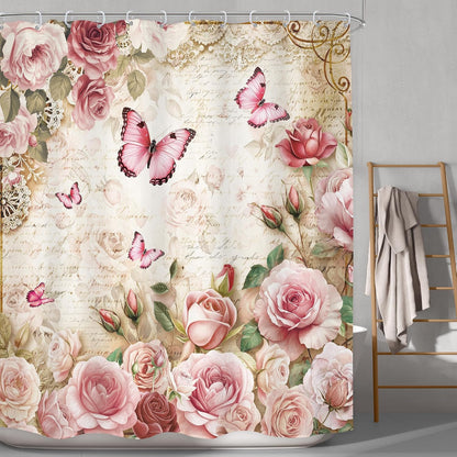Rustic Pink Rose Butterfly Shower Curtain Bathroom Set 60Wx71H Inches Floral Peony Green Leaves Plant Text Background Bath Accessories Botanical Botany Art Home Decor Fabric 12 Pack Hooks