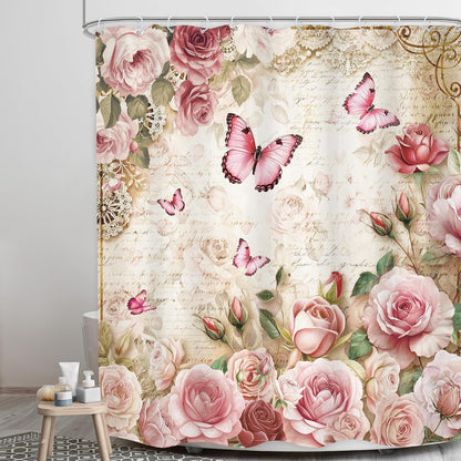 Rustic Pink Rose Butterfly Shower Curtain Bathroom Set 60Wx71H Inches Floral Peony Green Leaves Plant Text Background Bath Accessories Botanical Botany Art Home Decor Fabric 12 Pack Hooks