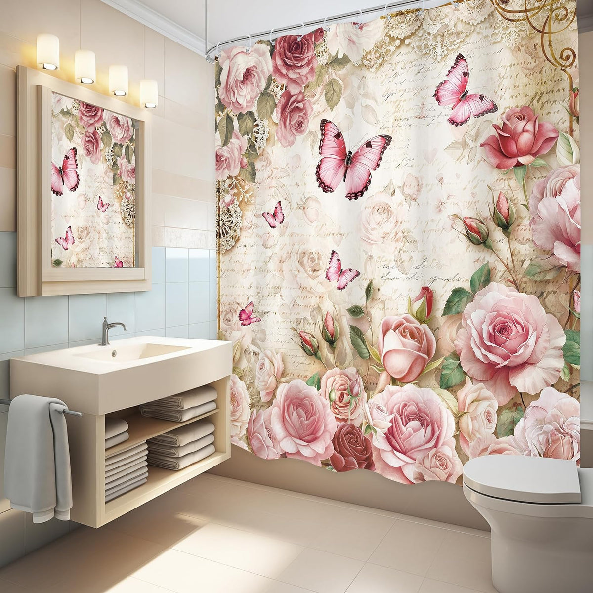Rustic Pink Rose Butterfly Shower Curtain Bathroom Set 60Wx71H Inches Floral Peony Green Leaves Plant Text Background Bath Accessories Botanical Botany Art Home Decor Fabric 12 Pack Hooks