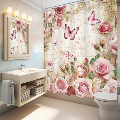 Rustic Pink Rose Butterfly Shower Curtain Bathroom Set 60Wx71H Inches Floral Peony Green Leaves Plant Text Background Bath Accessories Botanical Botany Art Home Decor Fabric 12 Pack Hooks
