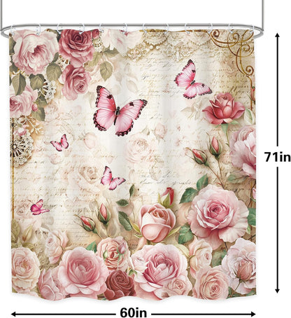 Rustic Pink Rose Butterfly Shower Curtain Bathroom Set 60Wx71H Inches Floral Peony Green Leaves Plant Text Background Bath Accessories Botanical Botany Art Home Decor Fabric 12 Pack Hooks