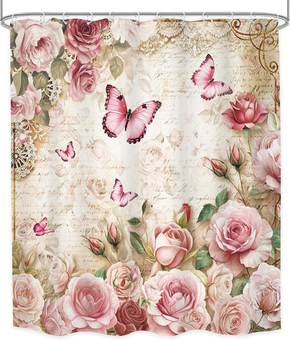Rustic Pink Rose Butterfly Shower Curtain Bathroom Set 60Wx71H Inches Floral Peony Green Leaves Plant Text Background Bath Accessories Botanical Botany Art Home Decor Fabric 12 Pack Hooks