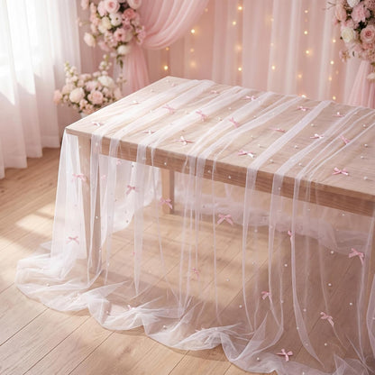 Pink Bow Table Cloth 30 x 120 Inch Pearl Tulle Table Decor