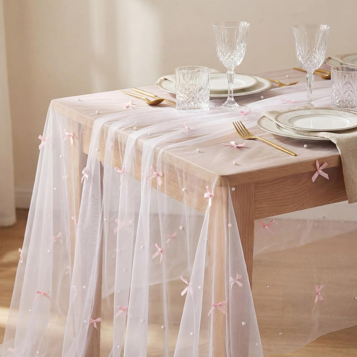 Pink Bow Table Cloth 30 x 120 Inch Pearl Tulle Table Decor