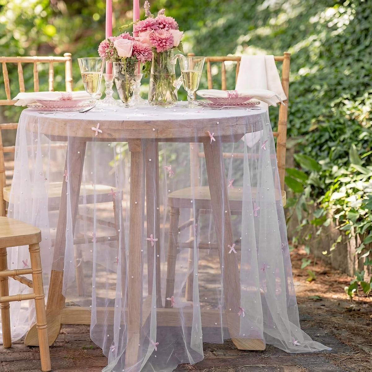 Pink Bow Table Cloth 30 x 120 Inch Pearl Tulle Table Decor