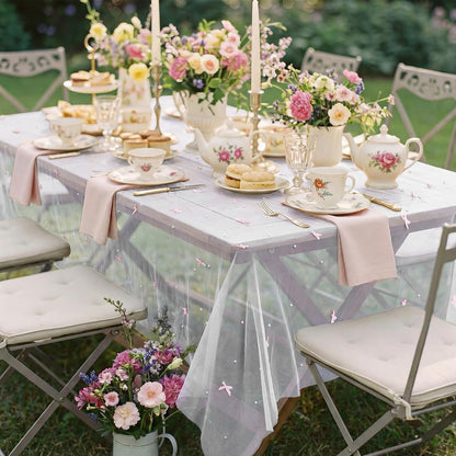Pink Bow Table Cloth 30 x 120 Inch Pearl Tulle Table Decor