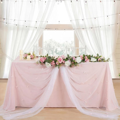 Pink Bow Table Cloth 30 x 120 Inch Pearl Tulle Table Decor