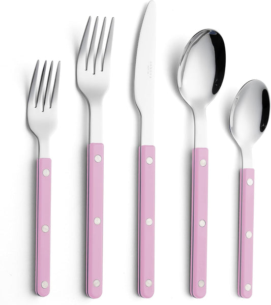 ANNOVA Silverware Set, Retro/Rivet Colorful Stainless Steel Tableware Kitchen Flatware Set Utensils, Includes Dinner Knives, Forks, Spoons, Salad Forks & Dessert Spoons (Light Pink, 10 Pieces)