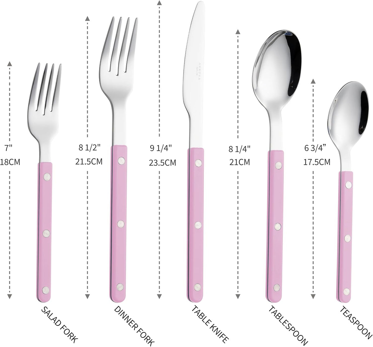 ANNOVA Silverware Set, Retro/Rivet Colorful Stainless Steel Tableware Kitchen Flatware Set Utensils, Includes Dinner Knives, Forks, Spoons, Salad Forks & Dessert Spoons (Light Pink, 10 Pieces)