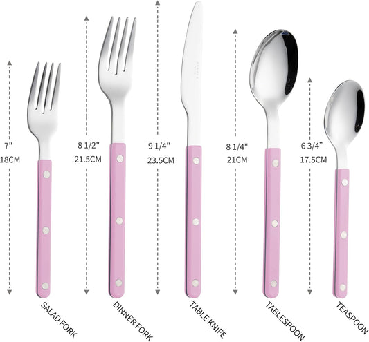 ANNOVA Silverware Set, Retro/Rivet Colorful Stainless Steel Tableware Kitchen Flatware Set Utensils, Includes Dinner Knives, Forks, Spoons, Salad Forks & Dessert Spoons (Light Pink, 10 Pieces)