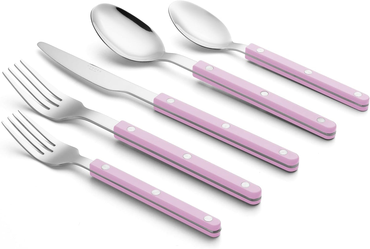 ANNOVA Silverware Set, Retro/Rivet Colorful Stainless Steel Tableware Kitchen Flatware Set Utensils, Includes Dinner Knives, Forks, Spoons, Salad Forks & Dessert Spoons (Light Pink, 10 Pieces)