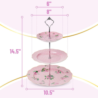 BTaT- Floral 3 Tier Cake Stand, Porcelain, Pastel Pink with Pink Roses & Gold Trim, 3 Tiered Dessert Stand for Cookies, Cupcakes & Fruits