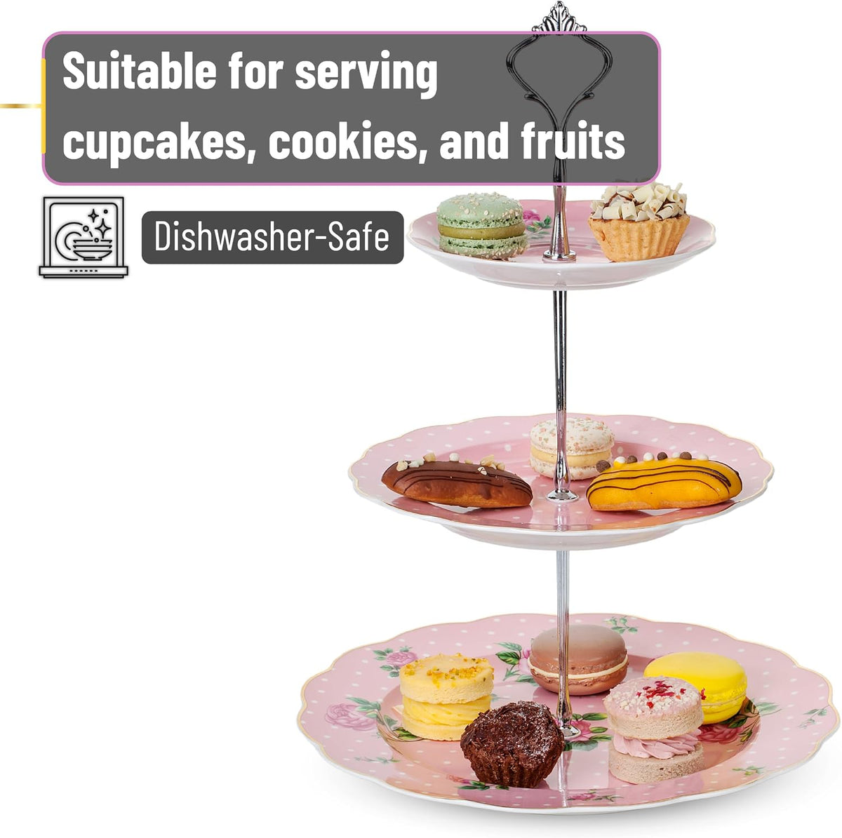 BTaT- Floral 3 Tier Cake Stand, Porcelain, Pastel Pink with Pink Roses & Gold Trim, 3 Tiered Dessert Stand for Cookies, Cupcakes & Fruits
