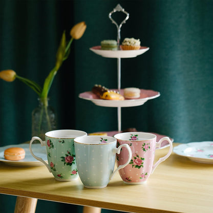 BTaT- Floral 3 Tier Cake Stand, Porcelain, Pastel Pink with Pink Roses & Gold Trim, 3 Tiered Dessert Stand for Cookies, Cupcakes & Fruits