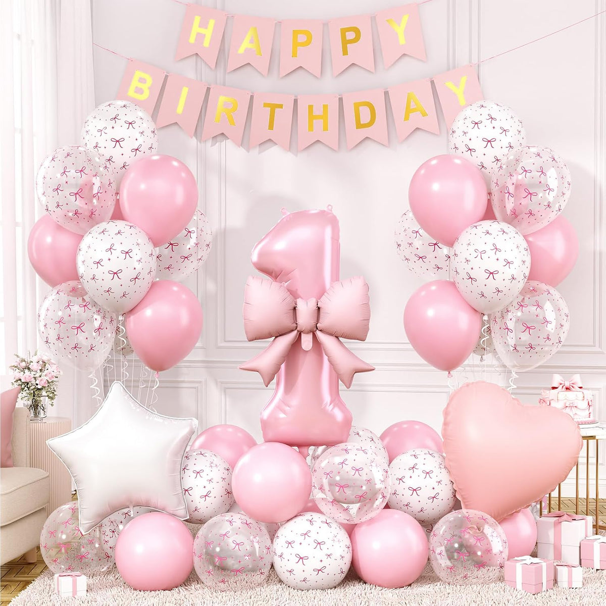 1st Pink Bow Birthday Decorations for Girls,Pink White Bow Latex Balloons