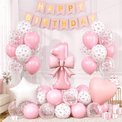 1st Pink Bow Birthday Decorations for Girls,Pink White Bow Latex Balloons