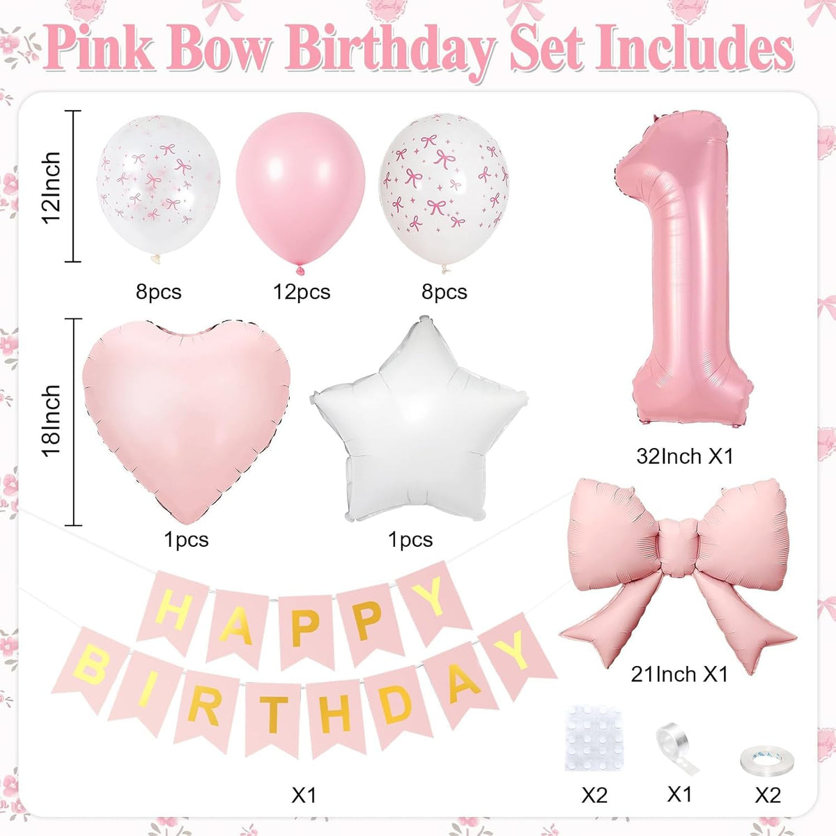 1st Pink Bow Birthday Decorations for Girls,Pink White Bow Latex Balloons