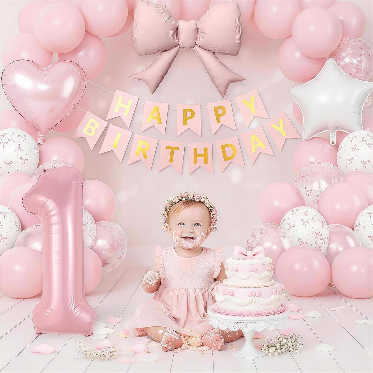 1st Pink Bow Birthday Decorations for Girls,Pink White Bow Latex Balloons
