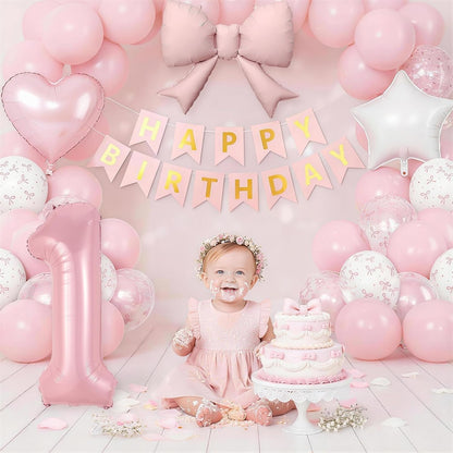 1st Pink Bow Birthday Decorations for Girls,Pink White Bow Latex Balloons