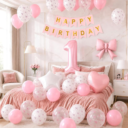 1st Pink Bow Birthday Decorations for Girls,Pink White Bow Latex Balloons