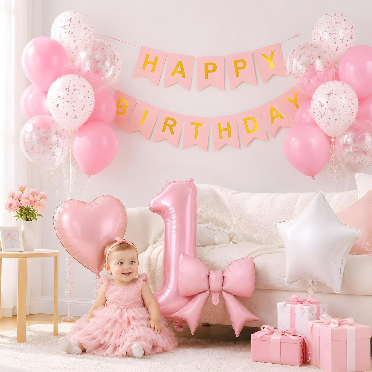 1st Pink Bow Birthday Decorations for Girls,Pink White Bow Latex Balloons