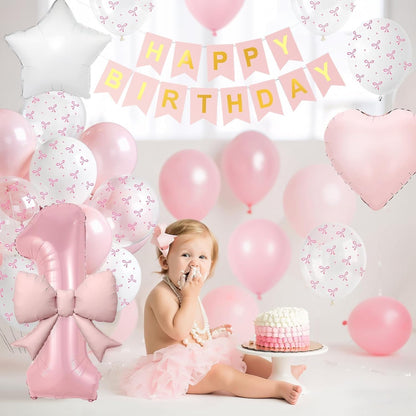 1st Pink Bow Birthday Decorations for Girls,Pink White Bow Latex Balloons