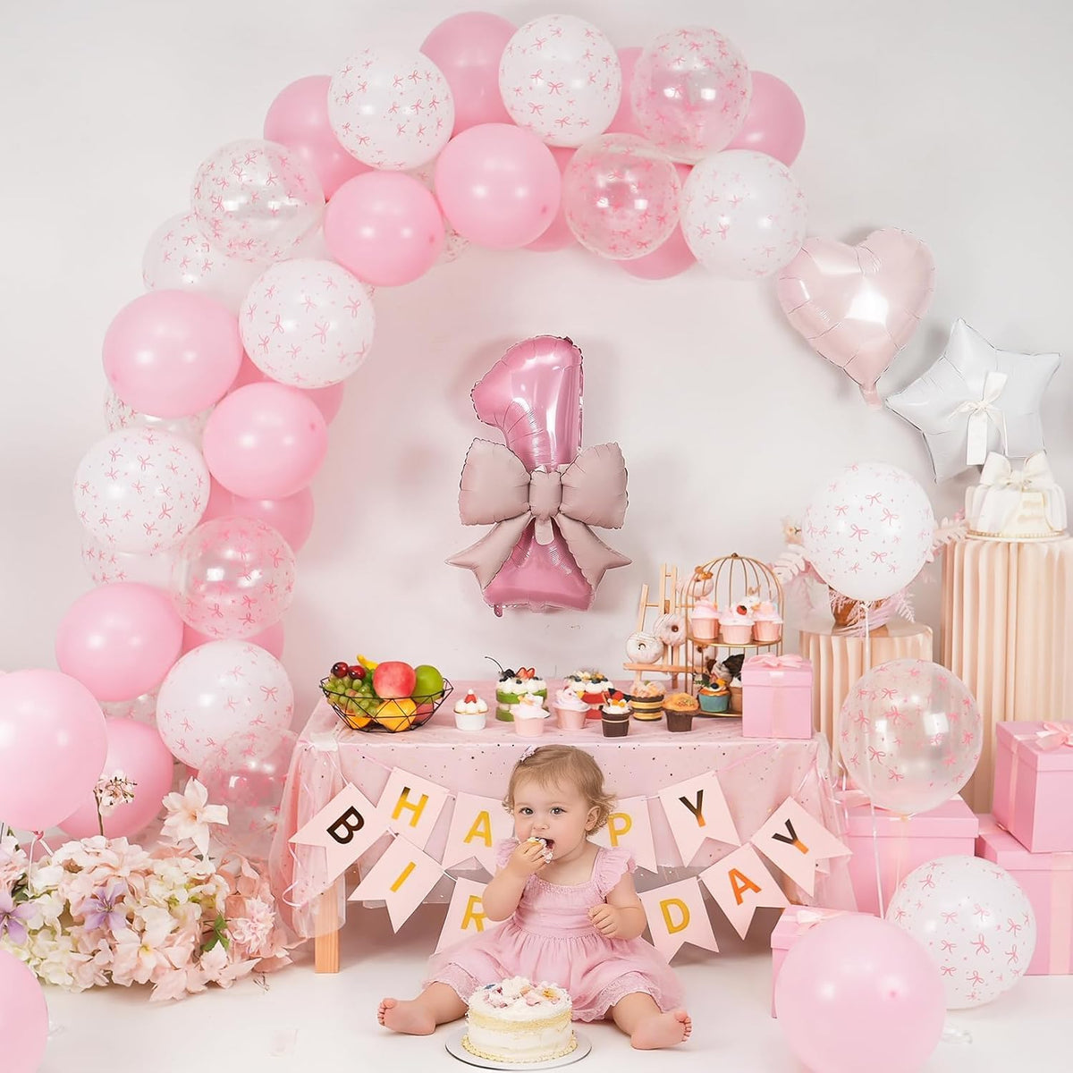 1st Pink Bow Birthday Decorations for Girls,Pink White Bow Latex Balloons
