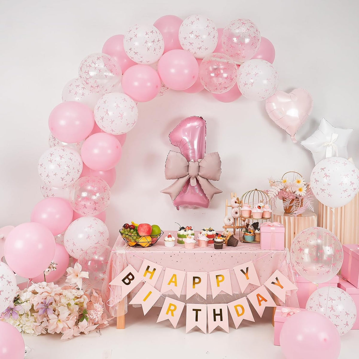 1st Pink Bow Birthday Decorations for Girls,Pink White Bow Latex Balloons