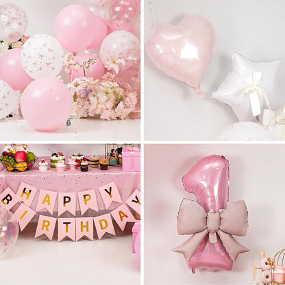 1st Pink Bow Birthday Decorations for Girls,Pink White Bow Latex Balloons