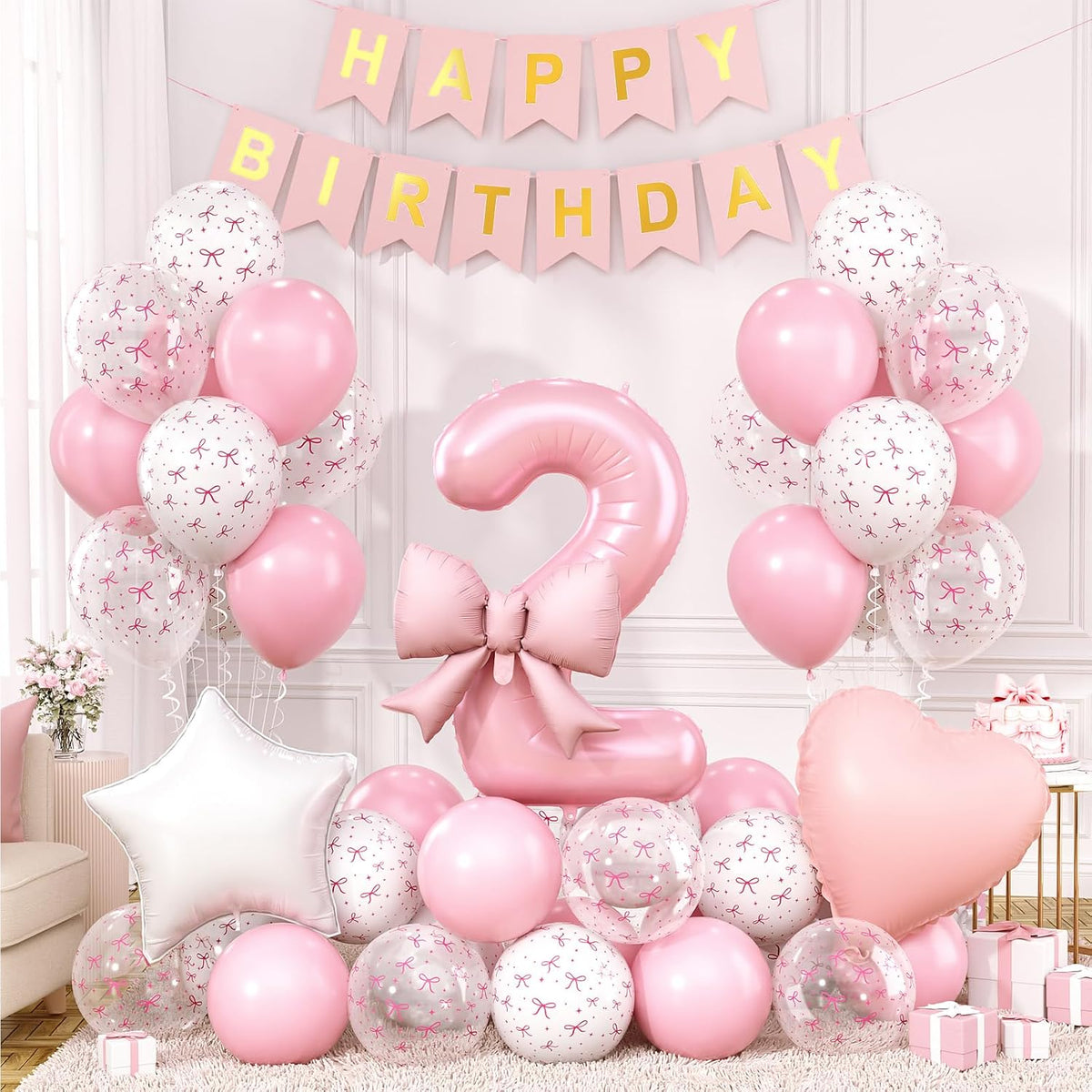 1st Pink Bow Birthday Decorations for Girls,Pink White Bow Latex Balloons