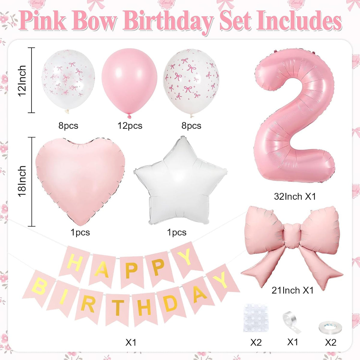 1st Pink Bow Birthday Decorations for Girls,Pink White Bow Latex Balloons