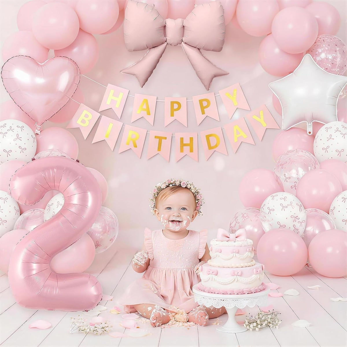 1st Pink Bow Birthday Decorations for Girls,Pink White Bow Latex Balloons