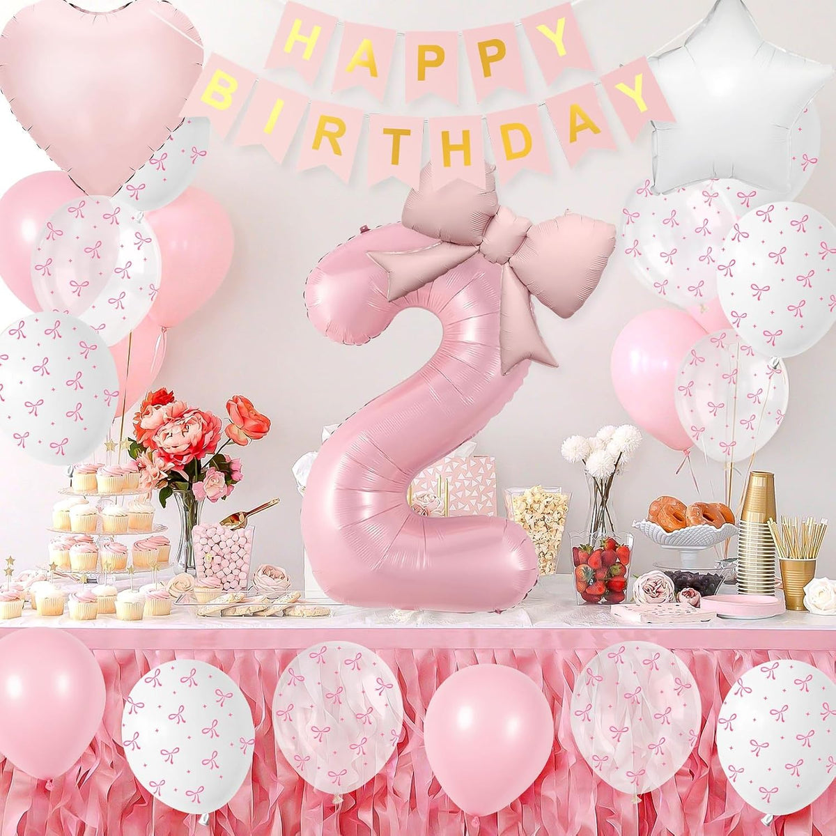 1st Pink Bow Birthday Decorations for Girls,Pink White Bow Latex Balloons