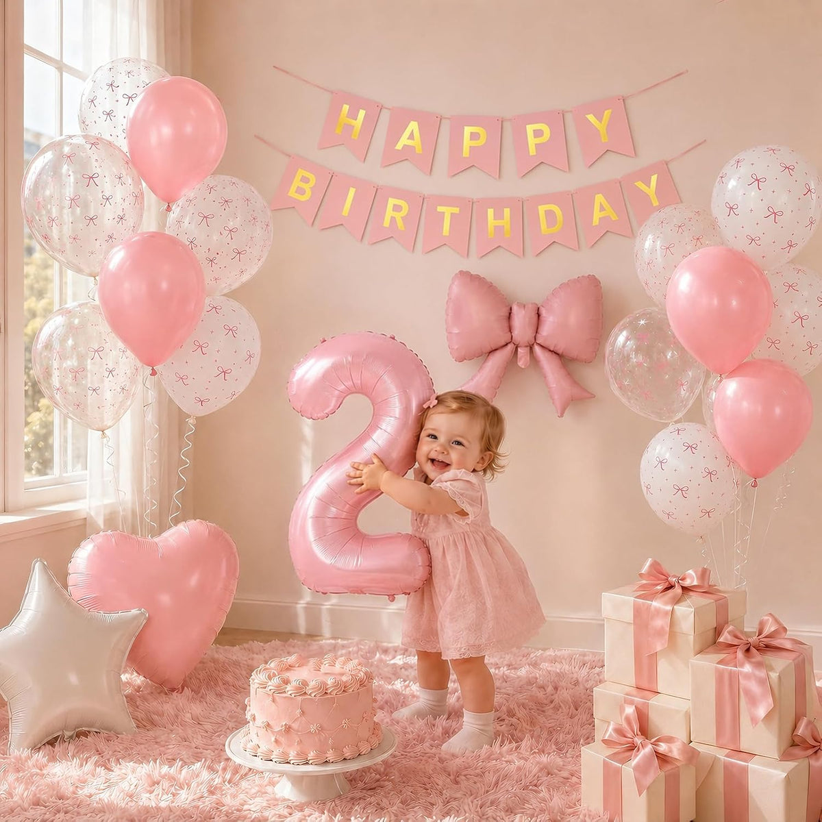1st Pink Bow Birthday Decorations for Girls,Pink White Bow Latex Balloons