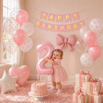 1st Pink Bow Birthday Decorations for Girls,Pink White Bow Latex Balloons