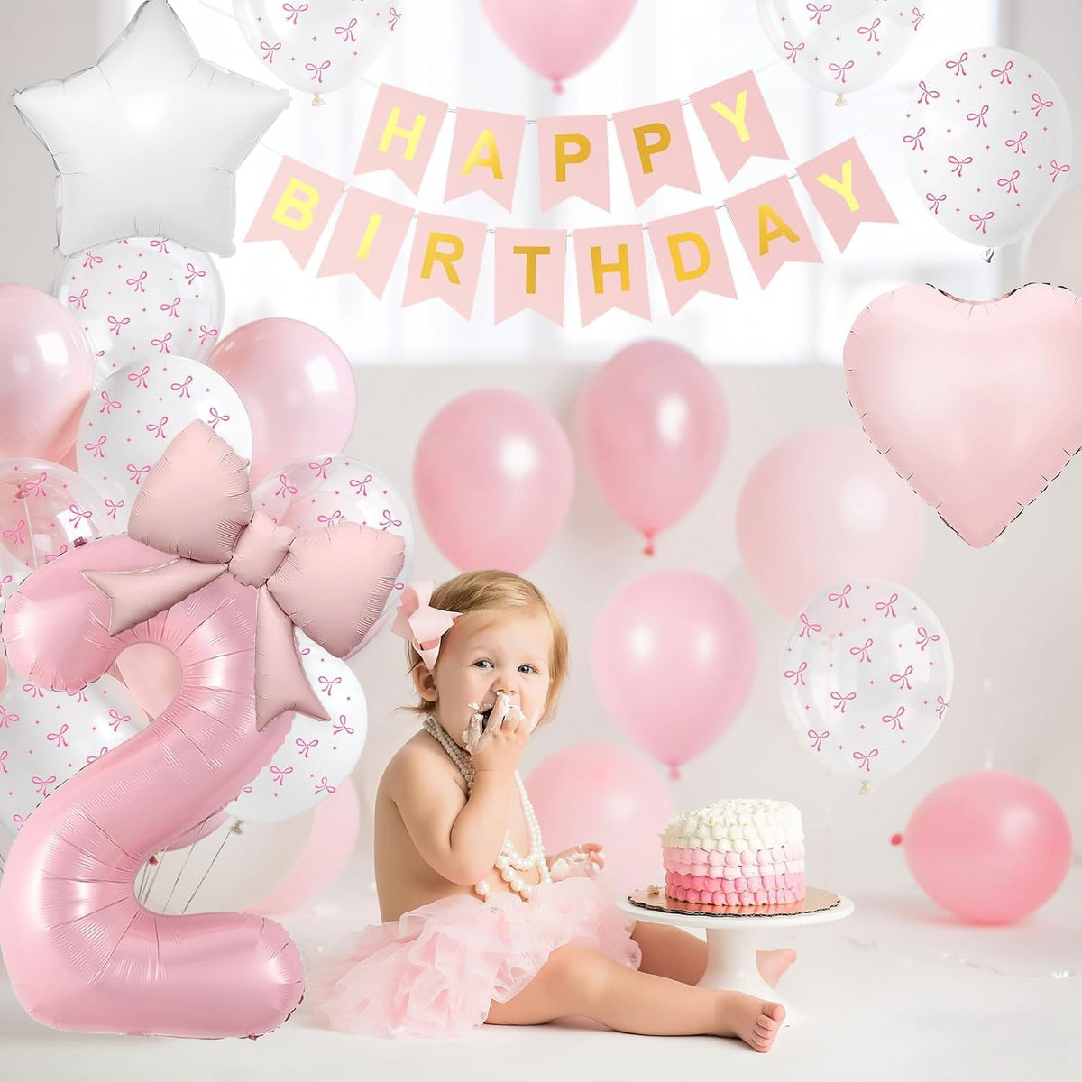 1st Pink Bow Birthday Decorations for Girls,Pink White Bow Latex Balloons