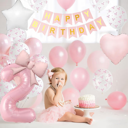 1st Pink Bow Birthday Decorations for Girls,Pink White Bow Latex Balloons